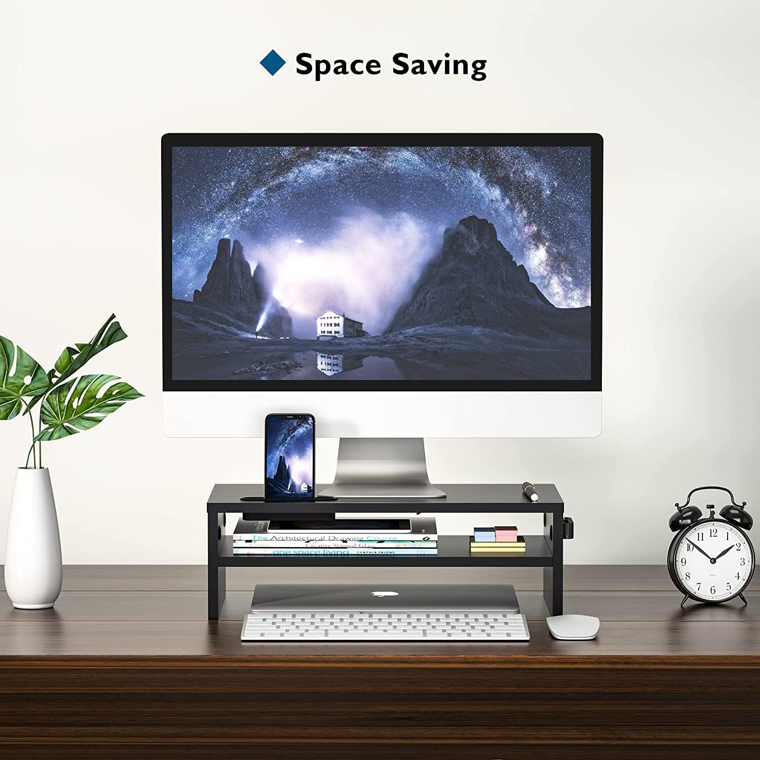 BONTEC - réhausseur écran bois noir - 420mm - 2 niveaux, support PC