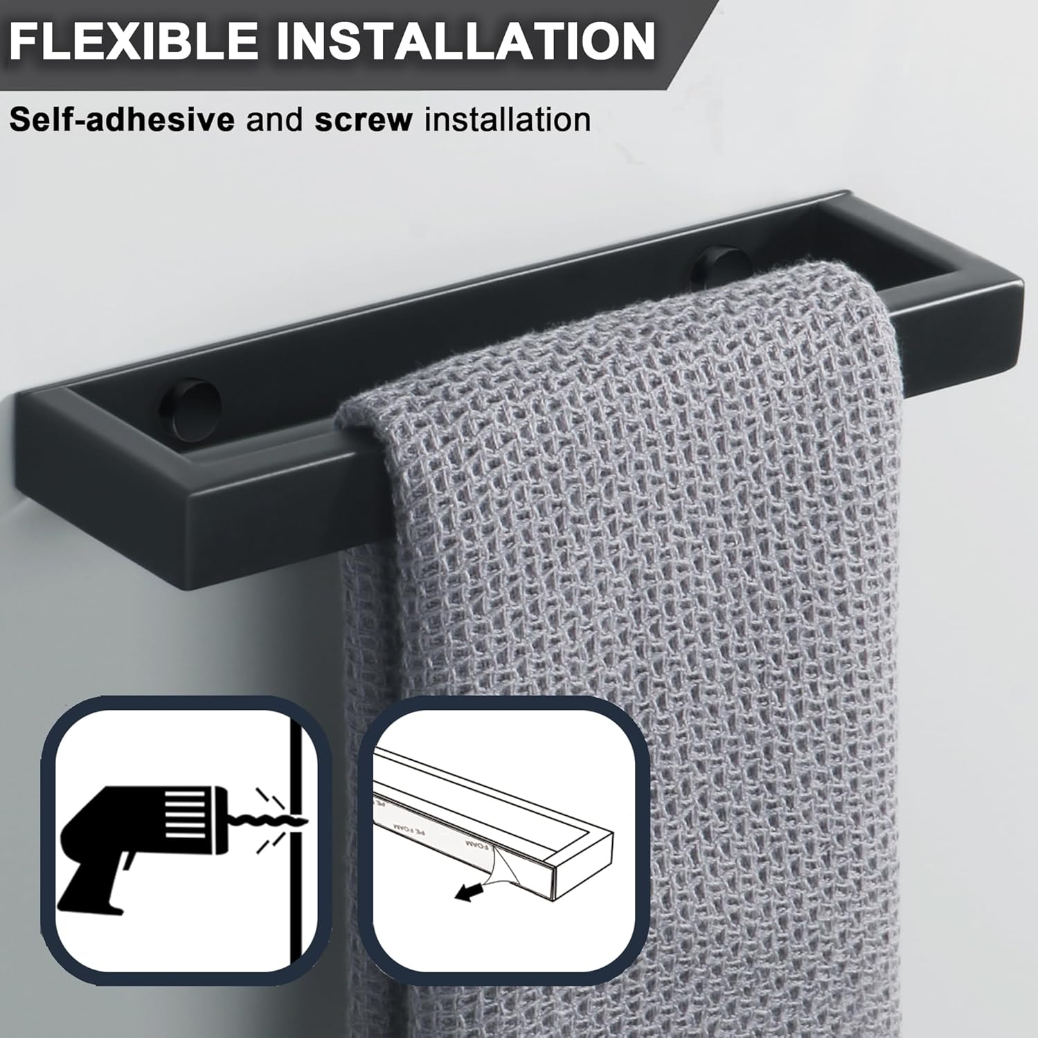 SAYAYO - Porte-serviette mural 20cm - inox noir, sans perçage, EGJF020-B-2023