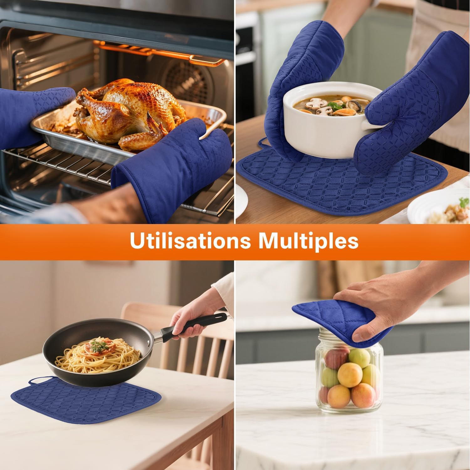 MILcea - Gants de cuisine anti-chaleur, 32cm, silicone/coton doux, lot de 4