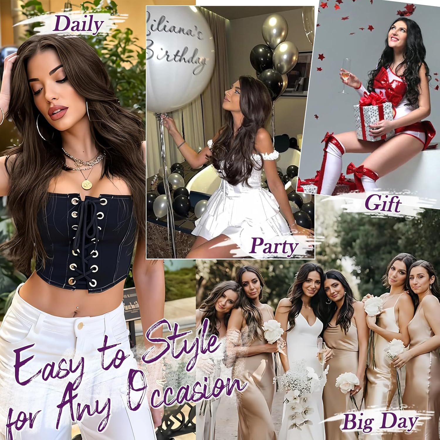 BARSDAR - extensions clip noir ondulées 50cm, lot 5pcs, synthétique