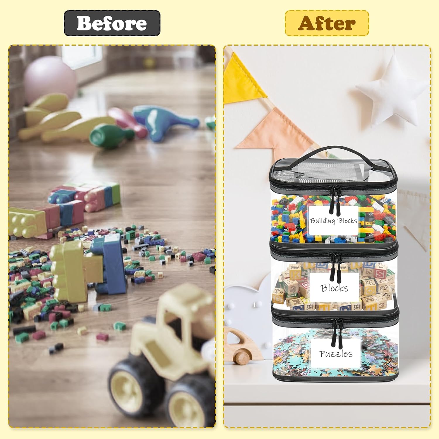 Pochette de rangement jouet enfant - PVC, fermeture éclair, lot de 8, idéal puzzles et bain