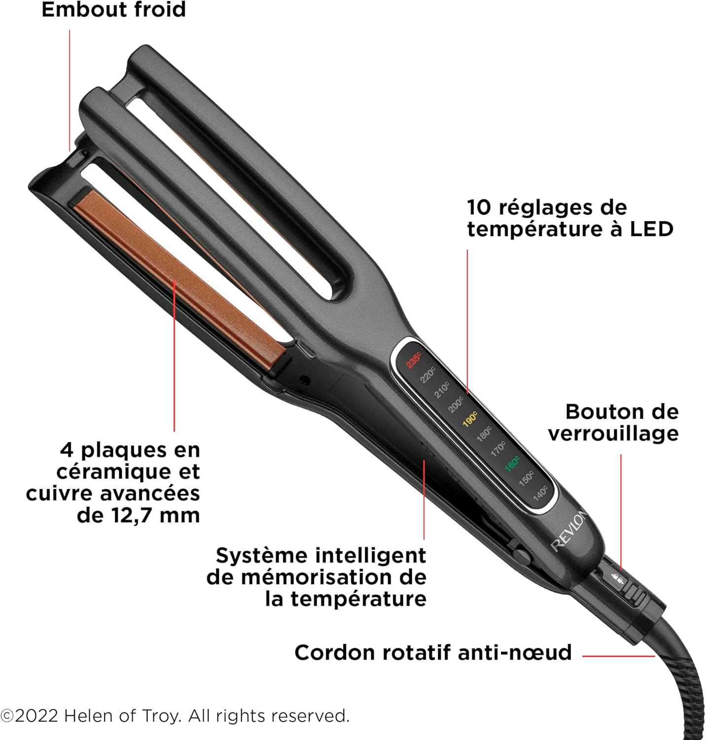 Revlon - lisseur double plaques, cuivre/céramique, LED, 10 temp. - RVST2204E