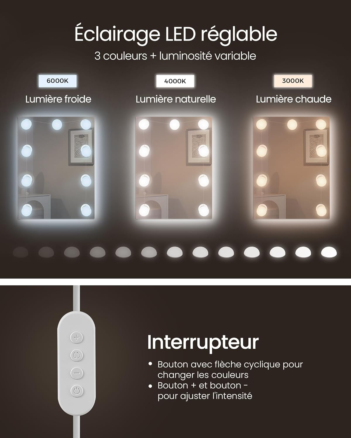 VASAGLE - coiffeuse moderne, miroir LED, 2 tiroirs, blanc, RDT126W01