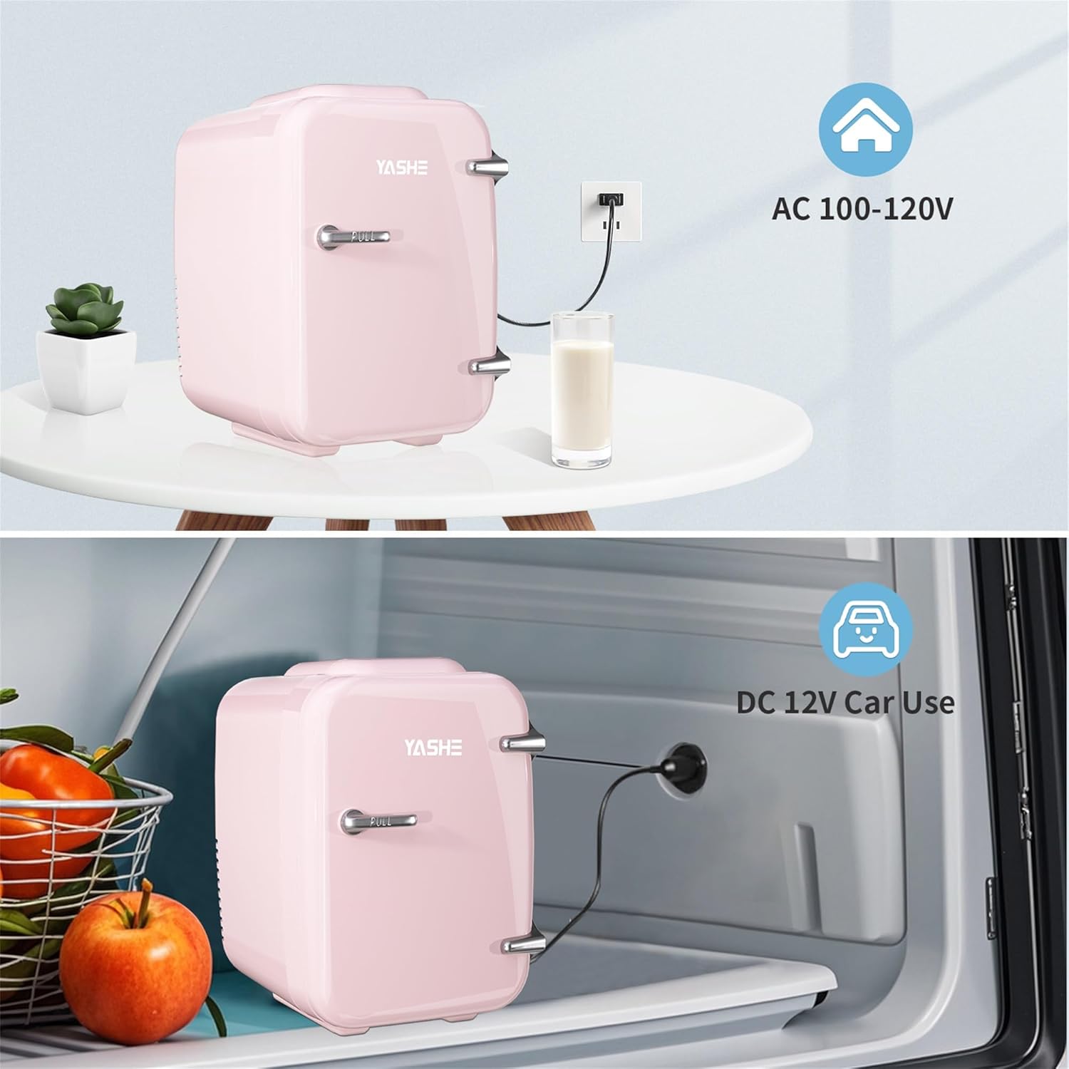YASHE - Mini frigo 4L - compact, thermoélectrique, CA/CC, rose