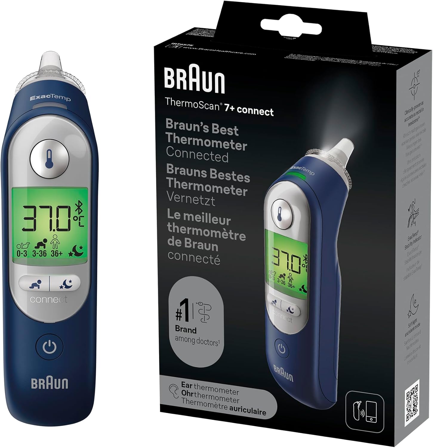 Braun - ThermoScan 7+ - thermomètre auriculaire - Age Precision, affichage code couleur, Bluetooth