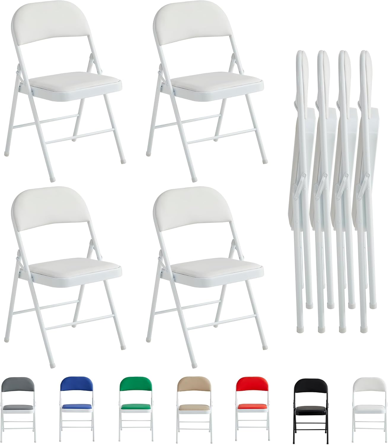 McC - chaises pliantes lot de 4 - cadre métal, similicuir, blancs, pliables, sièges rembourrés