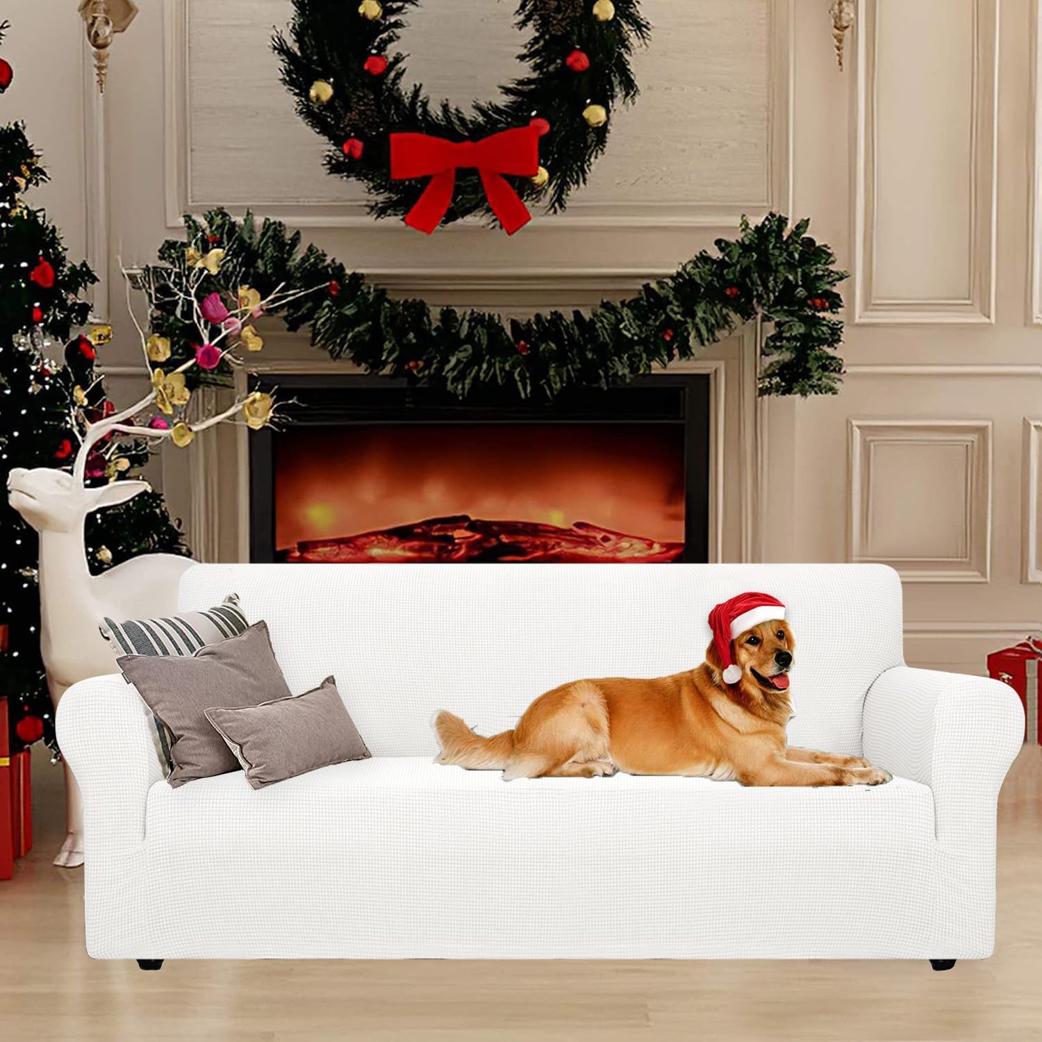 Housse canapé 1 place extensible, accoudoirs, antidérapante, blanc