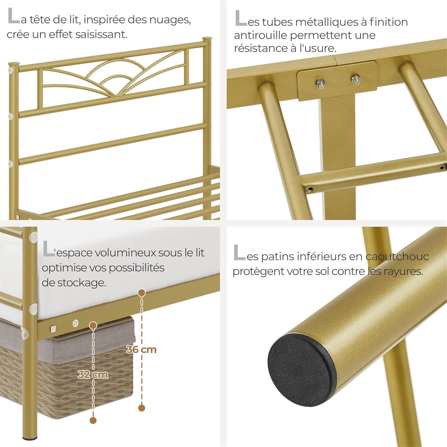 Yaheetech - lit simple métal - 90x190cm - cadre compact or antique