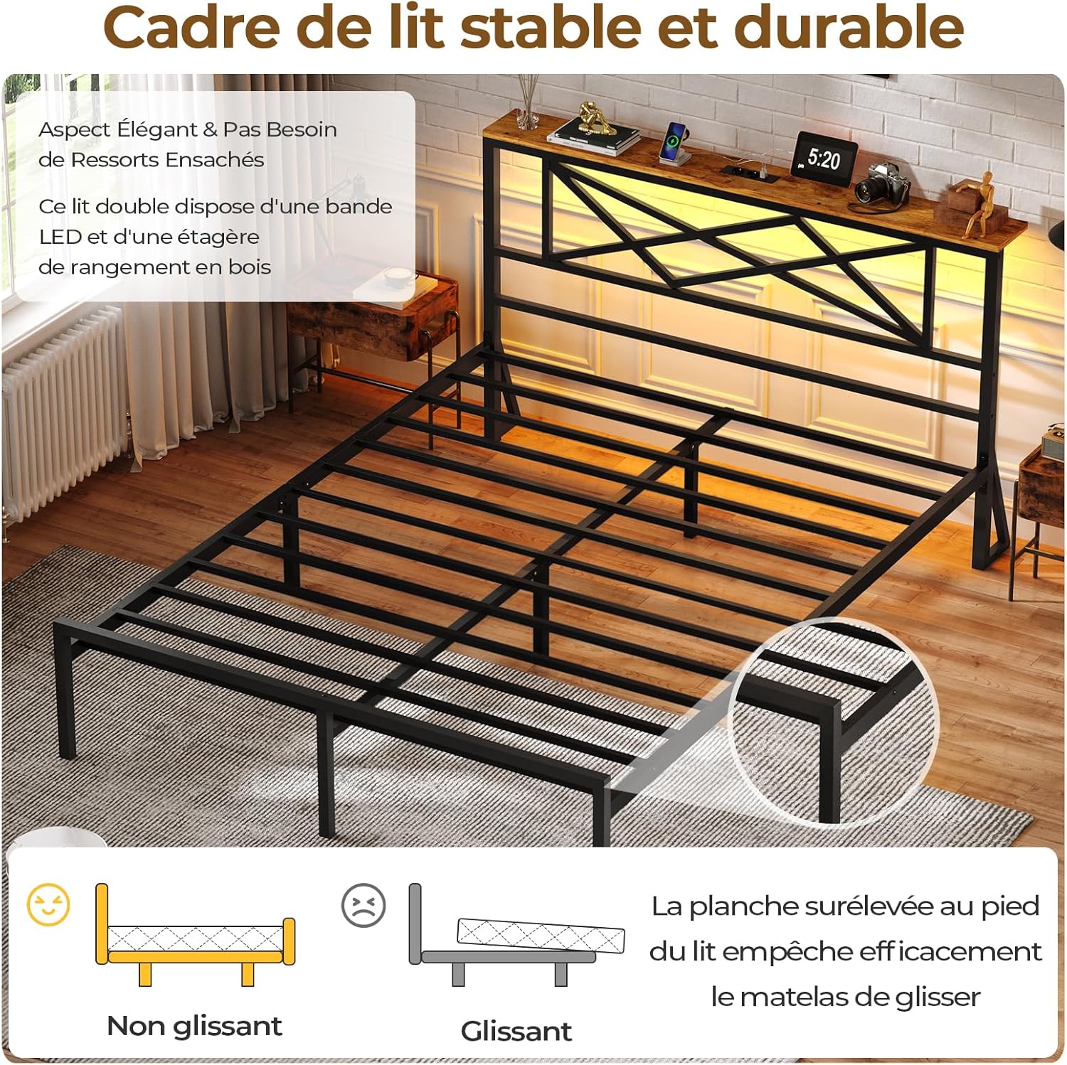 DICTAC - lit double métal LED, 140x190 cm, USB, rangement, vintage