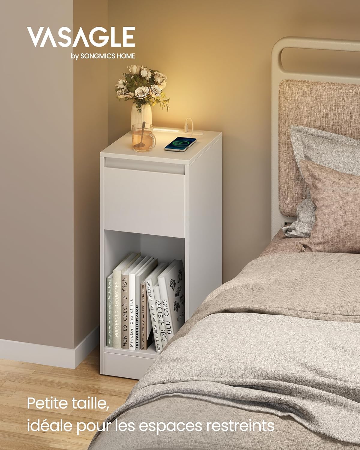 VASAGLE - table de chevet lot de 2, LED, USB, tiroirs, blanc, LET710W01