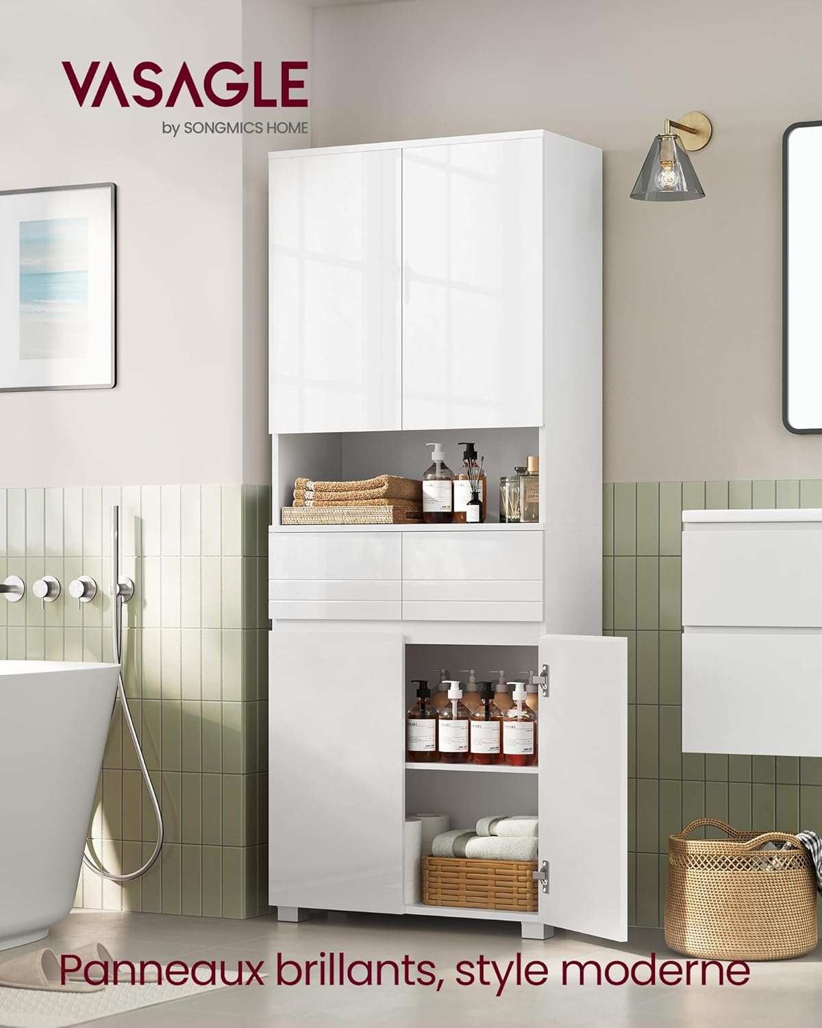 VASAGLE - Armoire salle de bain série BBC563W01 - 30x60x170cm - 2 tiroirs, étagères réglables, rangements BBC563W01