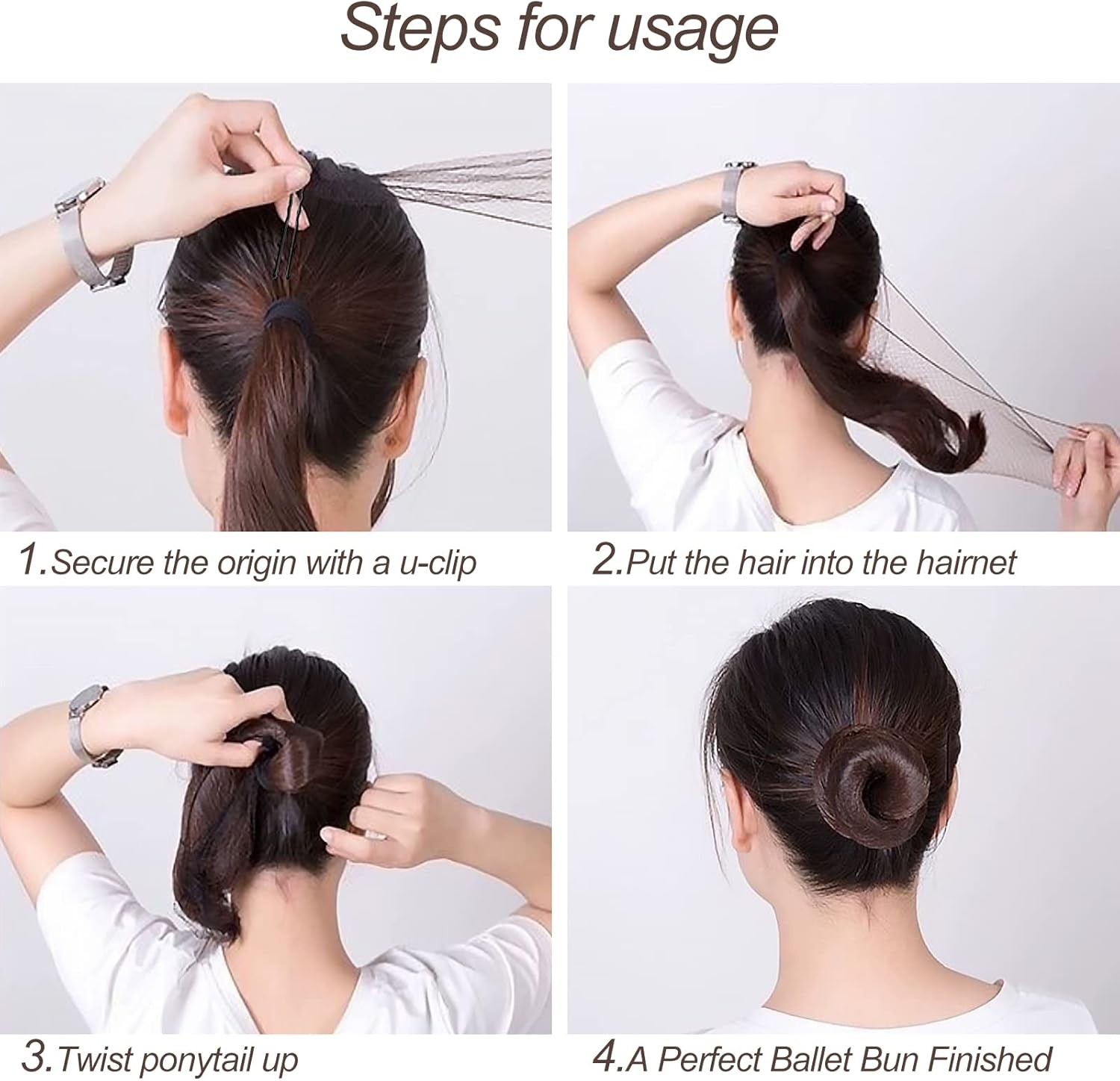 Filets à cheveux - élastiques invisibles, 24 pièces, 10 pinces U, marron, maille ballet