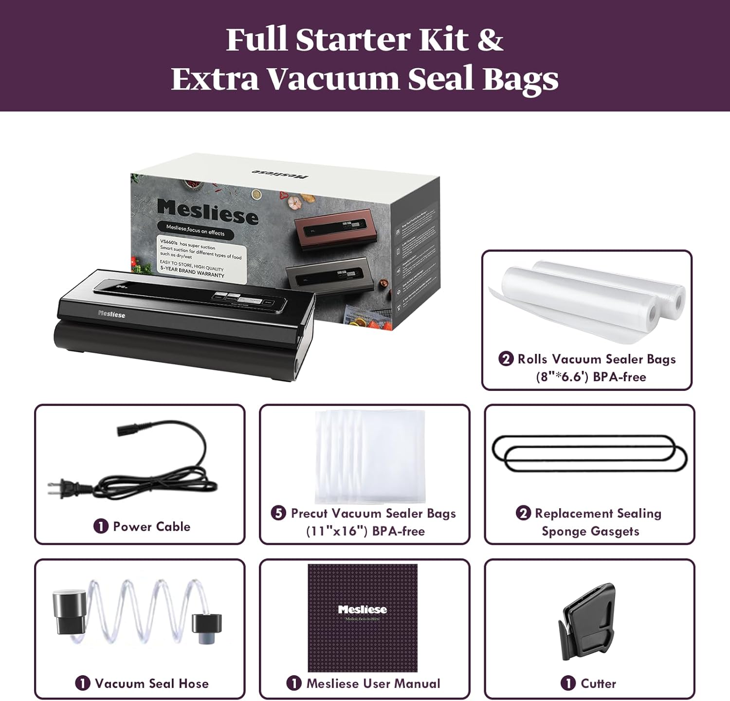 Mesliese - machine sous vide 6-en-1 compacte - 90Kpa - rouleaux + sacs inclus