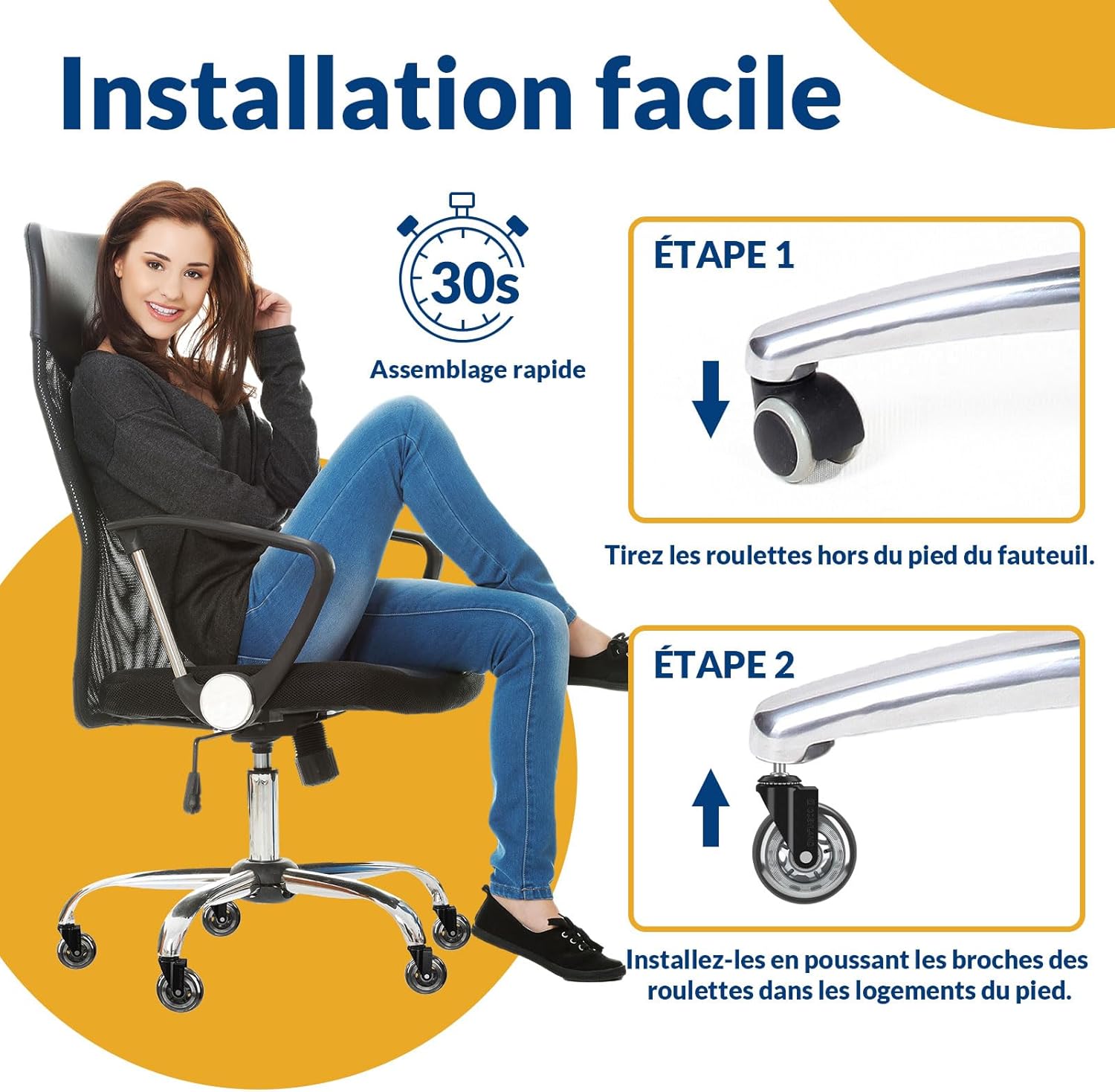 COSYLAND - roulette chaise bureau - 11x22mm - 300kg, 360° fluide, 7.5cm, argenté