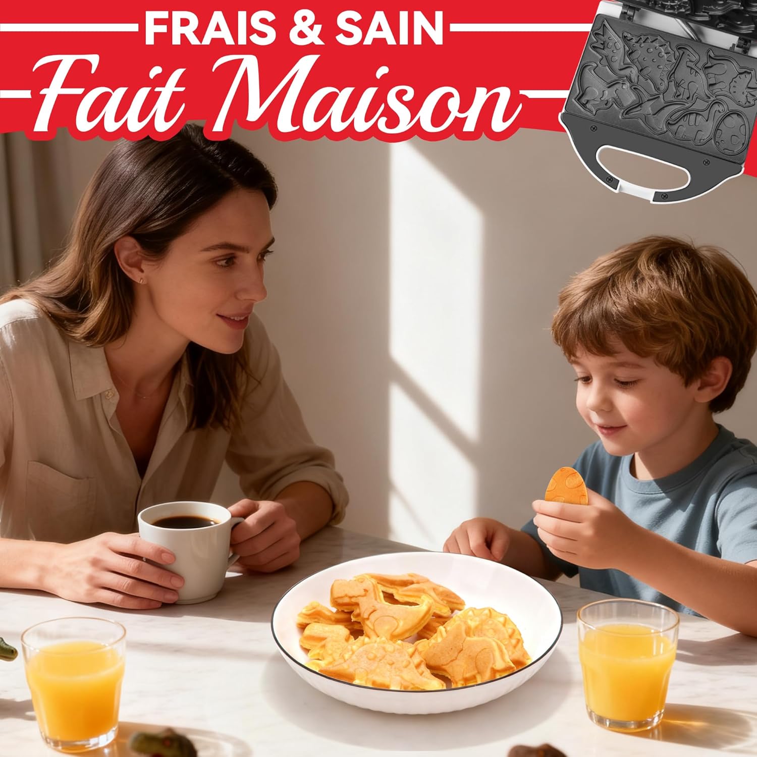 Mini gaufrier - Dinosaures - blanc - 8 motifs dinosaures, multifonction