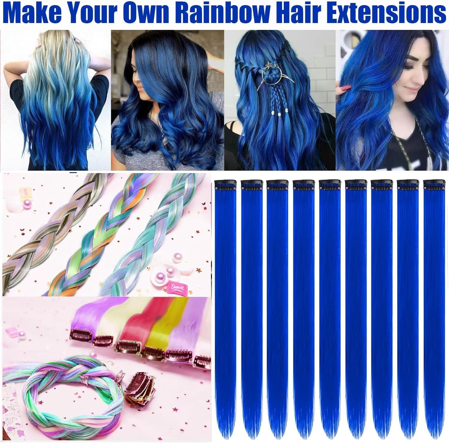 Mèches de cheveux à clipser - 55 cm - lot de 12, bleu saphir, pour enfants