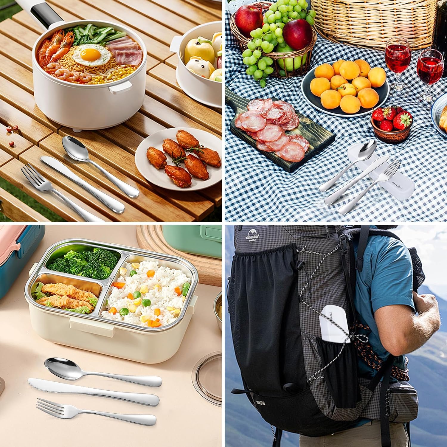 Couverts de camping - inox - étui renforcé, lavable, portatif