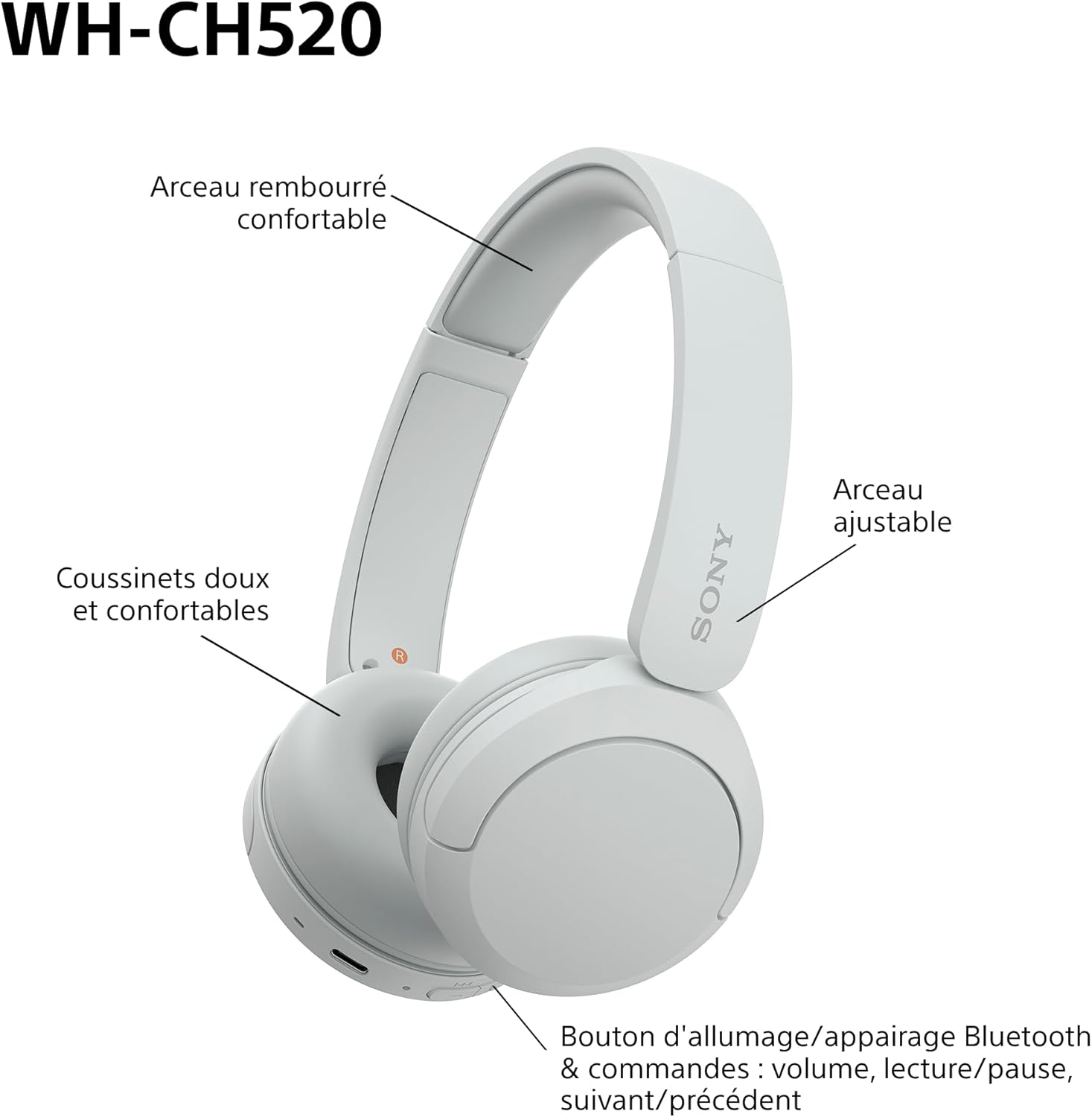 Sony - WH-CH520 - casque sans fil léger, Bluetooth, 50h autonomie