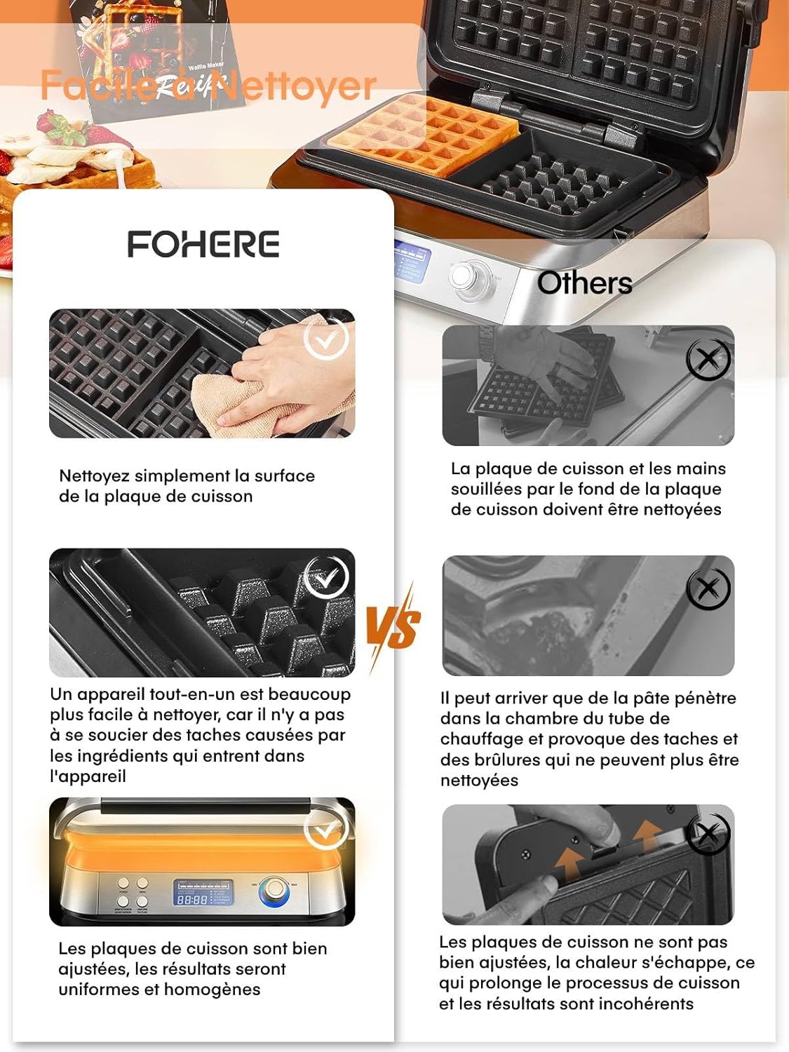 Gaufrier double, inox, 2 tranches, 5 programmes, LED, 7 niveaux