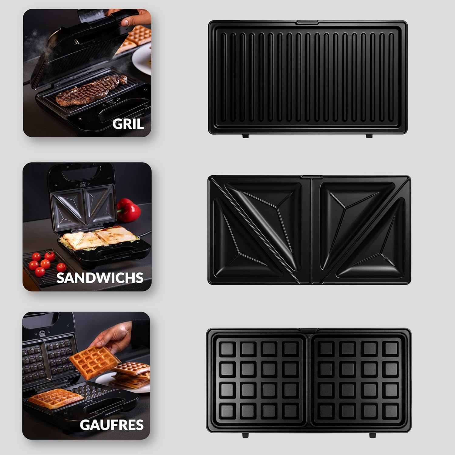 LEHMANN - Appareil 3 en 1 - plaques échangeables - gaufres, panini, croque monsieur, antiadhésif