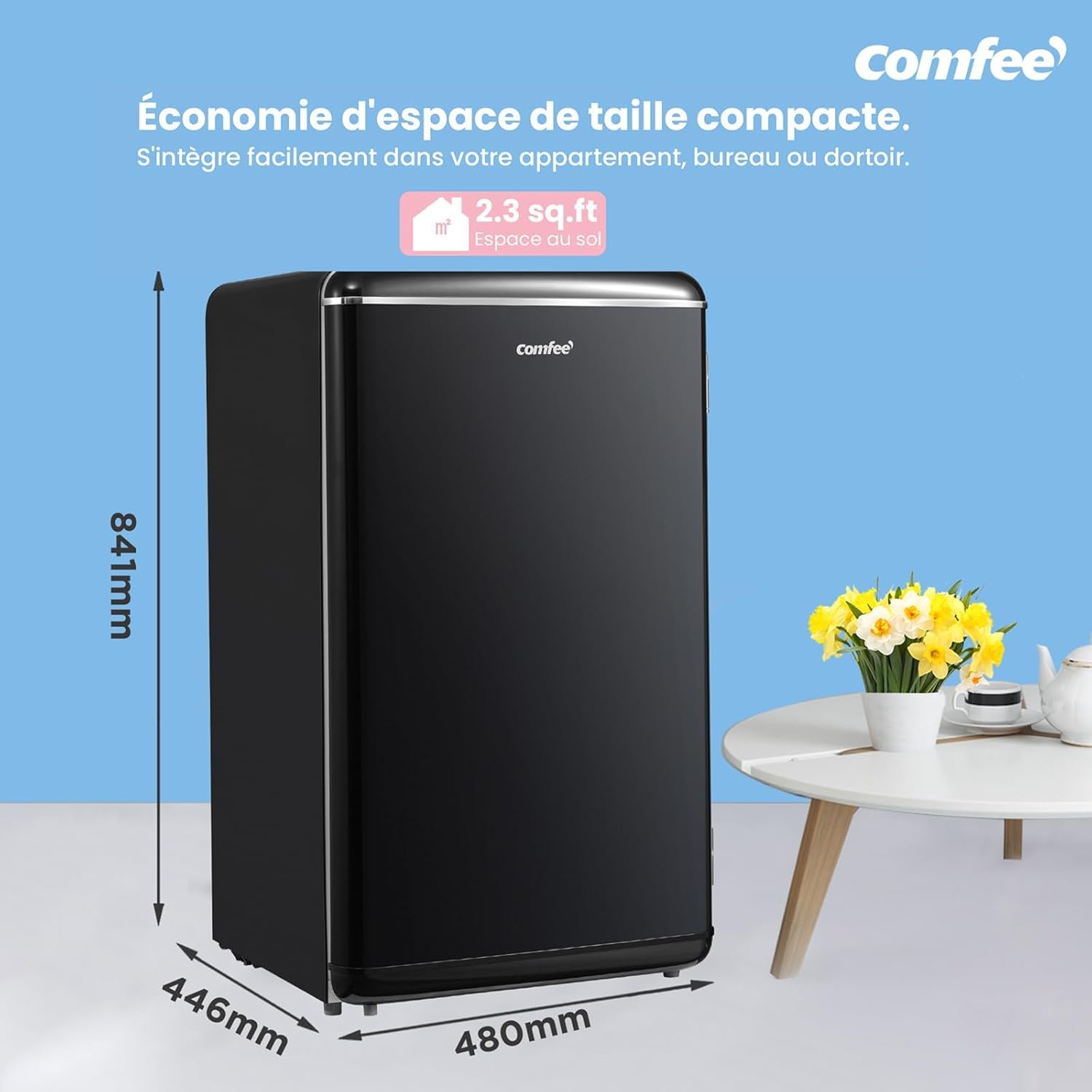 Comfee' - Réfrigérateur rétro 93L, sous-plan, LED, Noir, RCD93BL2EURT(E)