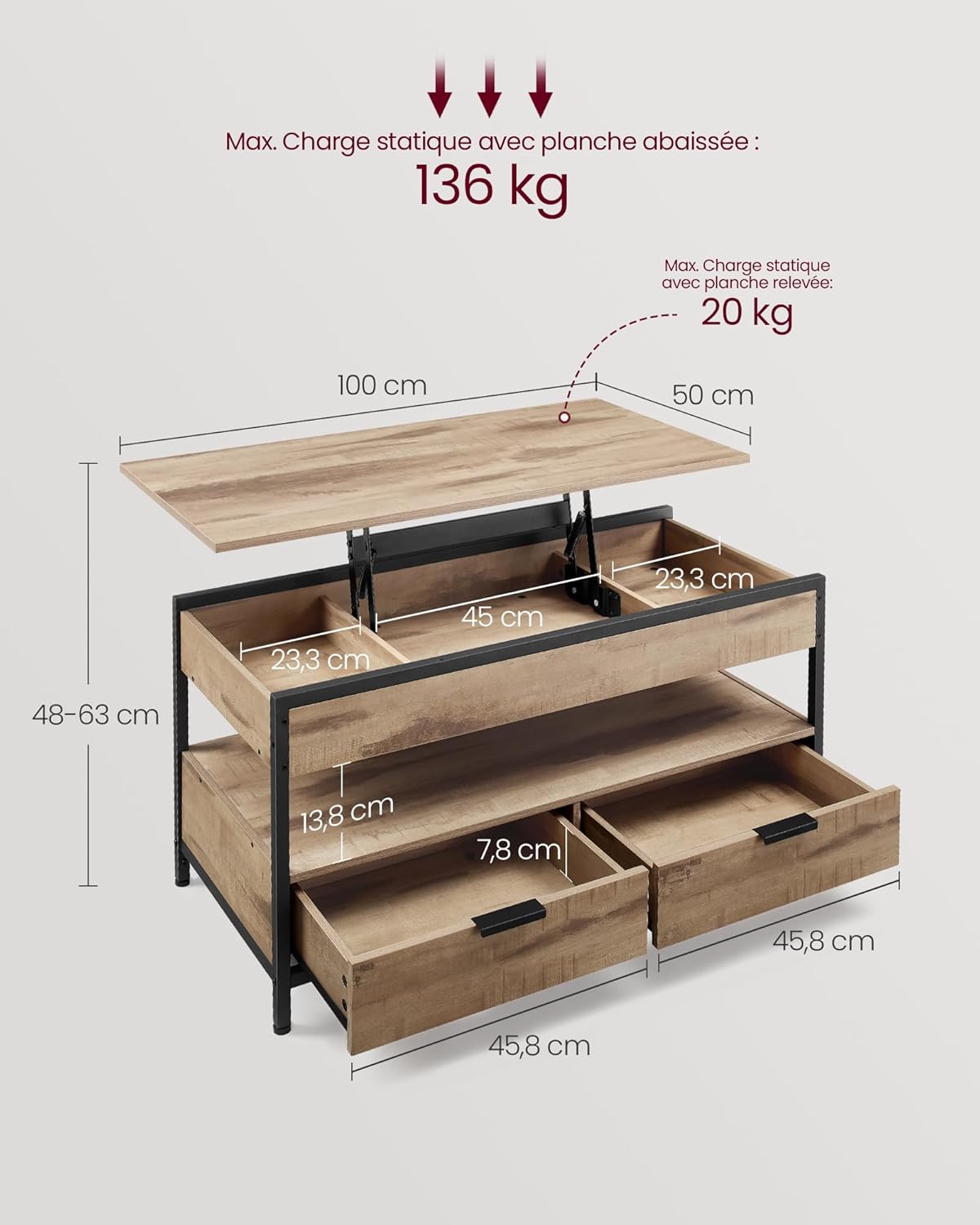 VASAGLE - table basse série LCT209K02 - espaces de rangement, plateau relevable, marron camel/ noir - LCT209K02