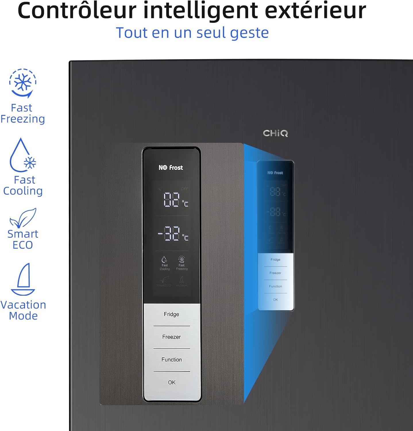 CHIQ - réfrigérateur congélateur série FBM - 356L, inox, no frost, tiroirs profonds, bac légumes, alarme porte, FBM351LE