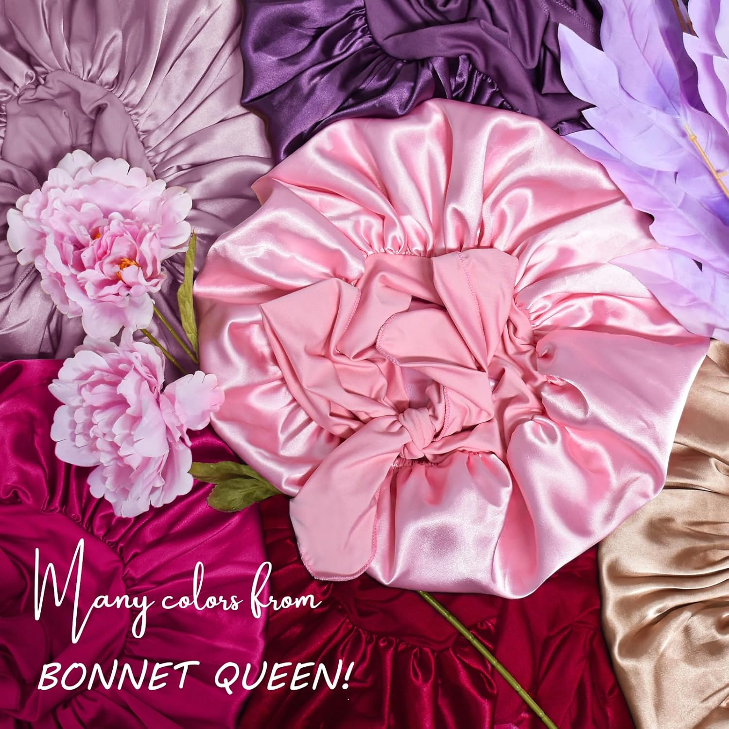 BONNET QUEEN - Bonnet satin ajustable, grand, cheveux bouclés, noir
