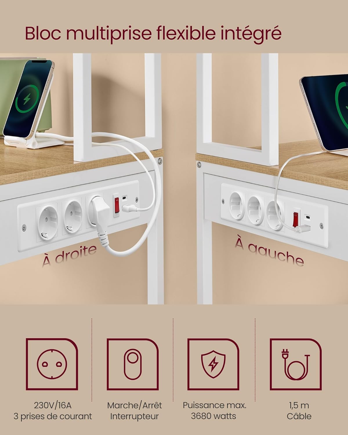 VASAGLE Étagère de Cuisine avec LED, Meuble de Cuisine avec Multiprise, Support pour Micro-Ondes avec Étagères Réglables, 8 Crochets, 40 x 80 x 168,4 cm, Doré Chêne et Blanc Mat KKS050YA01