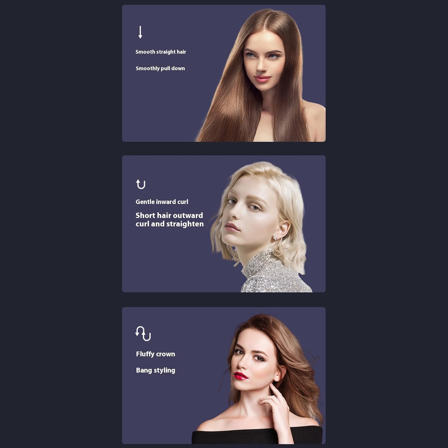 Brosse chauffante cheveux courts - 3 niveaux chauffe, écran LED, USB, compacte, violet