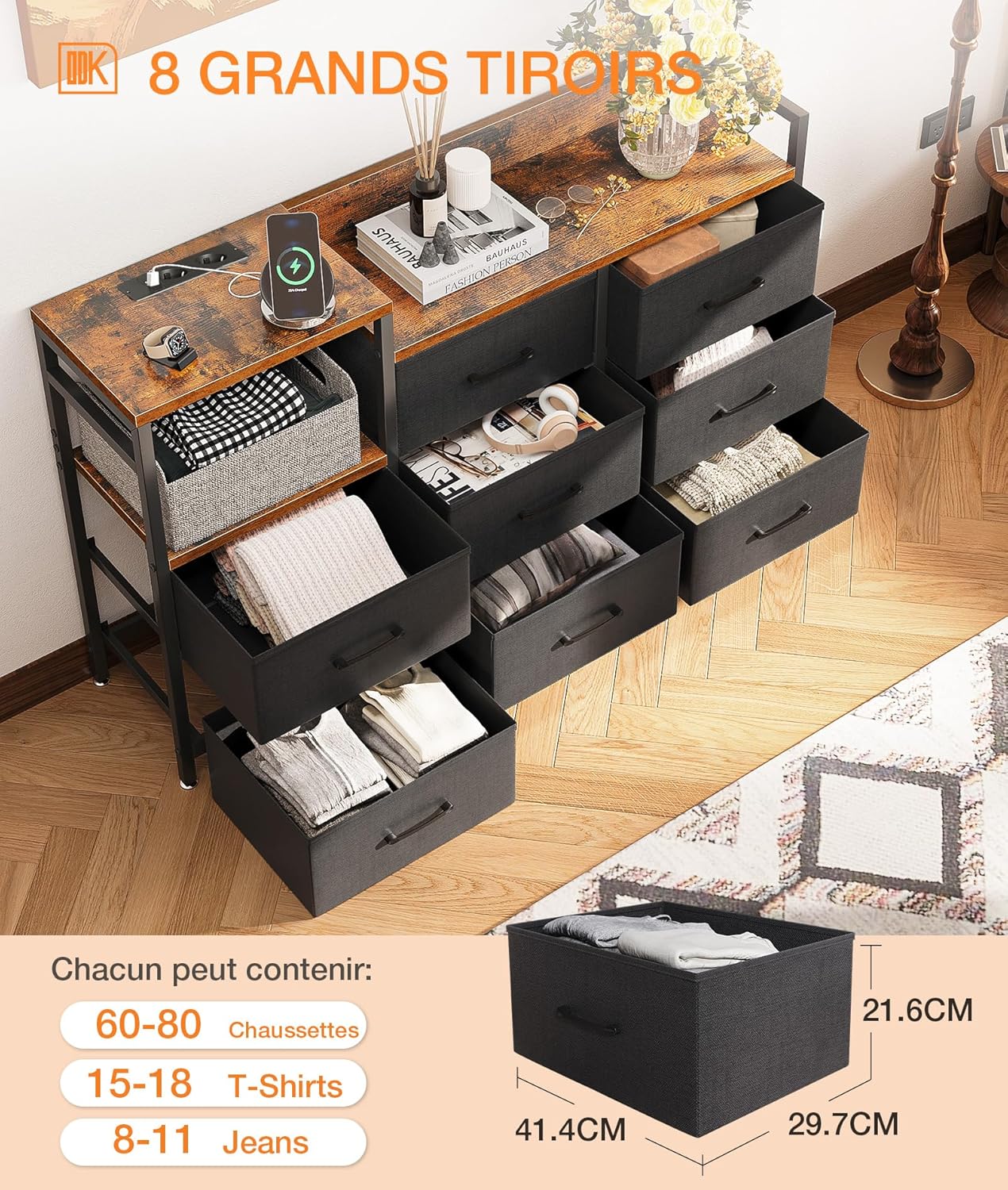 ODK - commode chambre vintage et noire - 132x30x88 cm - 2 ports USB, 2 AC, armoire à tiroirs multifonction