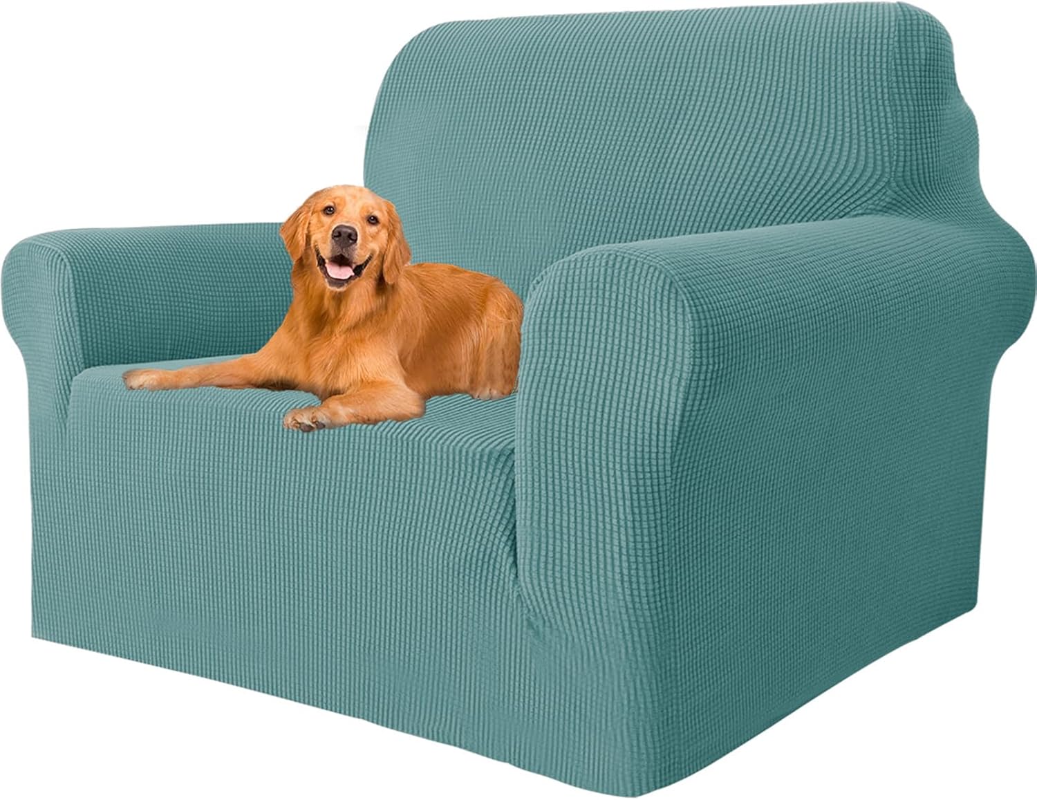 Housse canapé 1 place avec accoudoirs, extensible, bleu clair, antidérapante