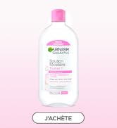 Le texte se lit comme suit : « GARNIER » et « J'ACHÈTE ». Photographie de produit teintée en rose d'une bouteille d'eau micellaire sur fond clair avec superposition de boutons d'achat.