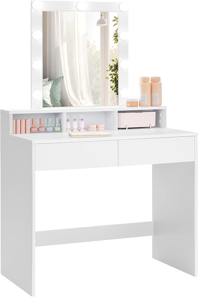 VASAGLE - Kailyn Collection - coiffeuse LED, 2 tiroirs, 3 compartiments, style moderne, blanc - RDT114WB01