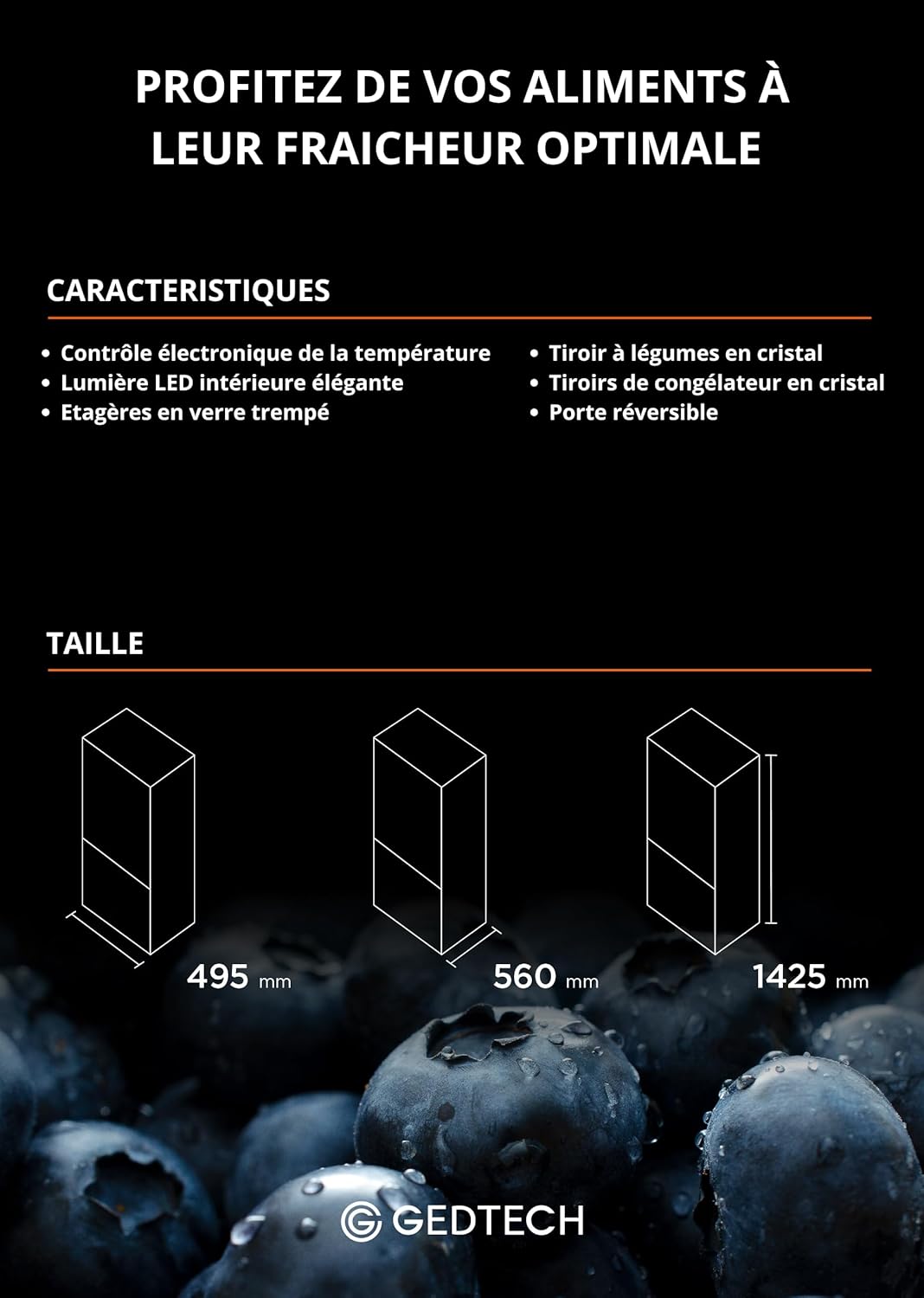 GEDTECH - Réfrigérateur combiné 173L, congélateur bas, 143cm, GCB173SL