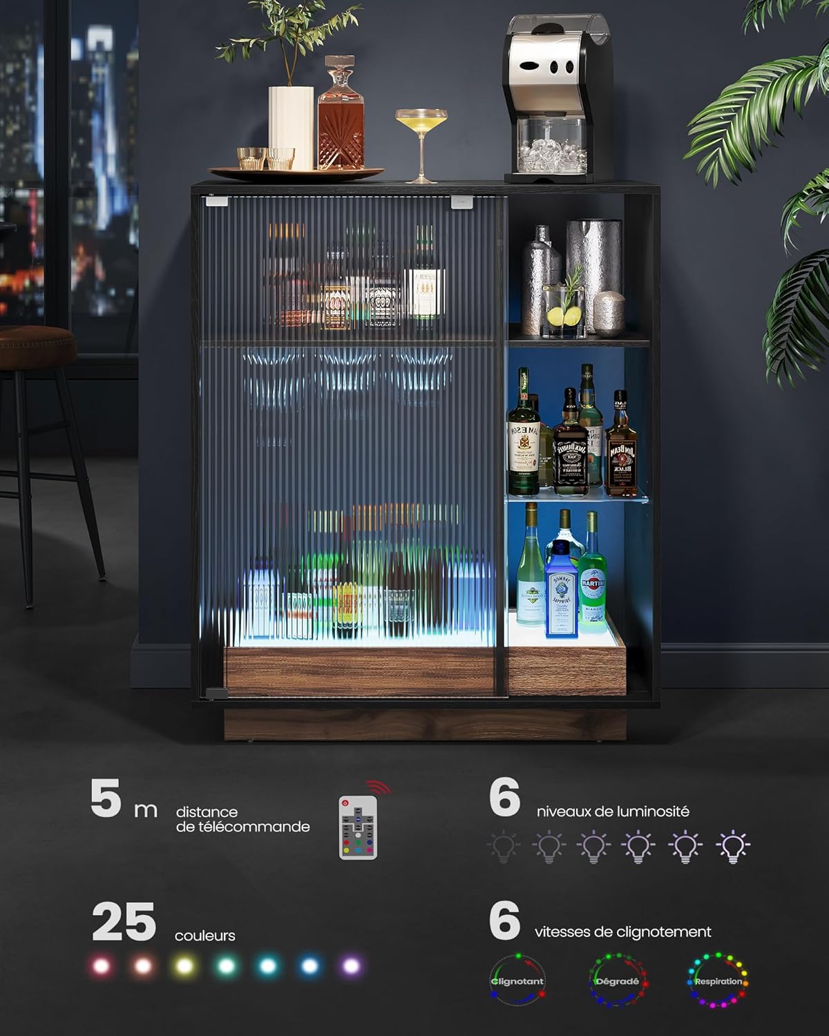 VASAGLE - bar à vin LED, porte-verre, porte vitrée, 100x40x80 cm - BBK361B21