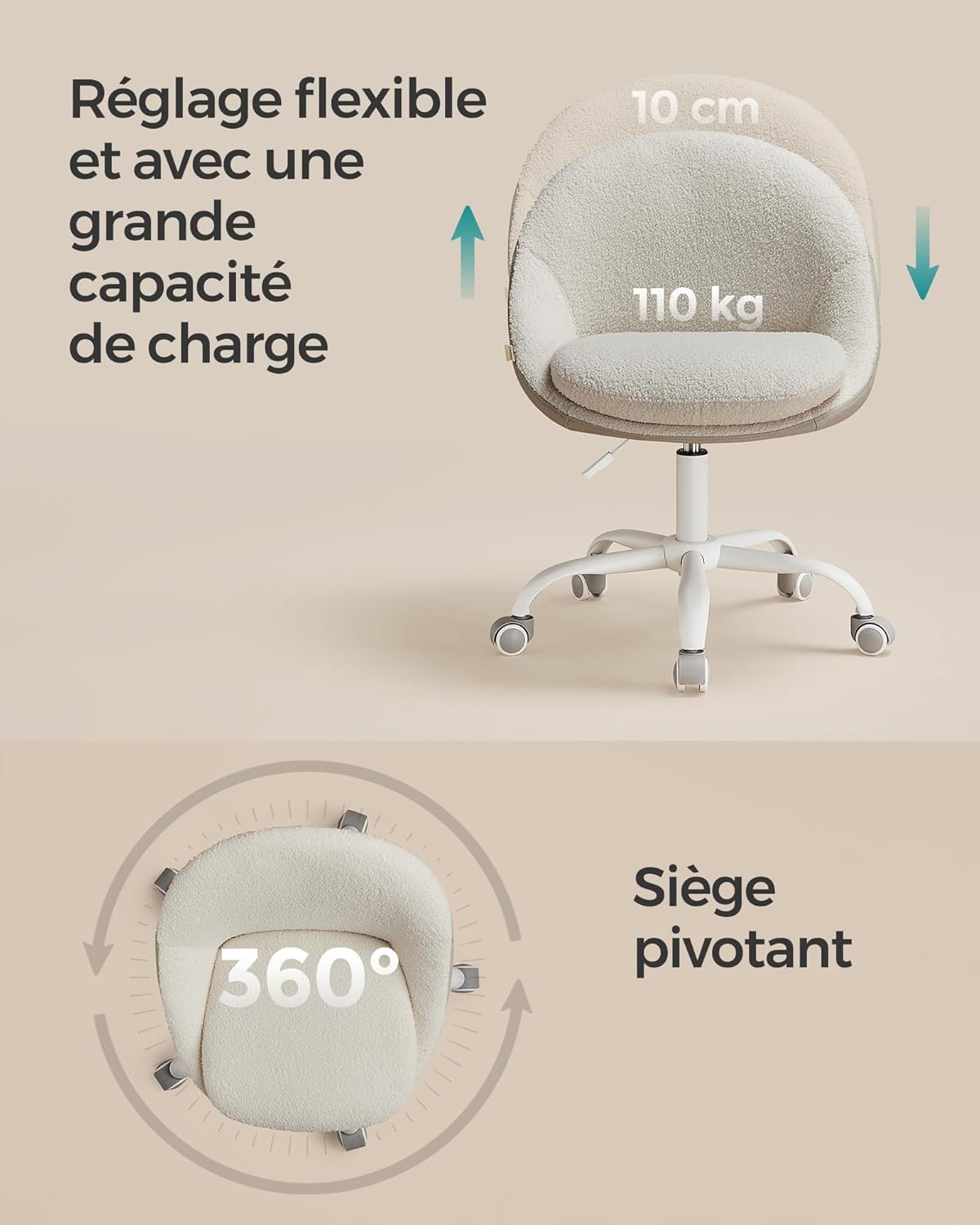 Songmics - fauteuil bureau peluche PU, hauteur réglable, confort OBG020W01