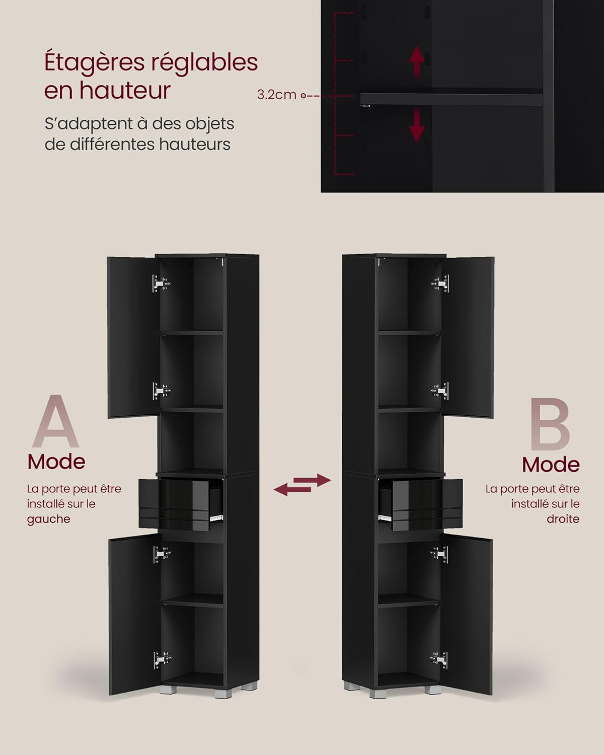VASAGLE - colonne salle de bain, 30x30x170 cm, tiroir, étagères réglables - BBC560B01