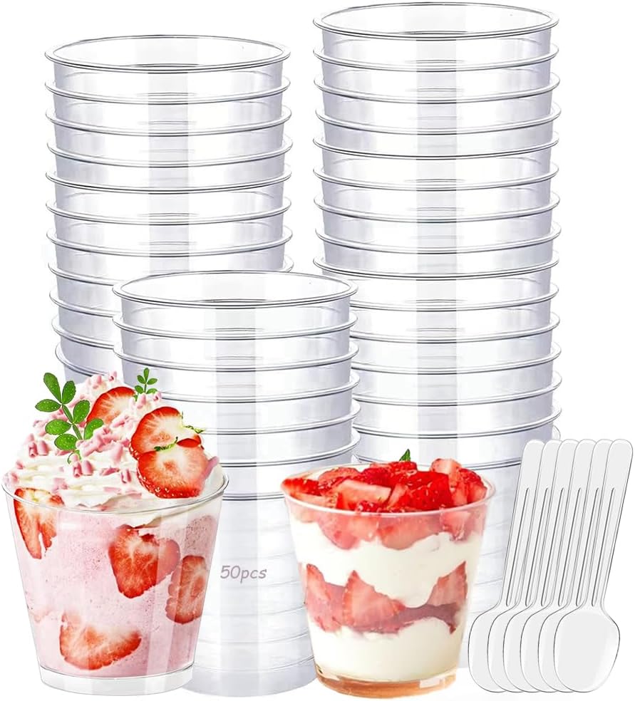 Tasses à dessert - Lot de 50, 200ml, réutilisables avec cuillères