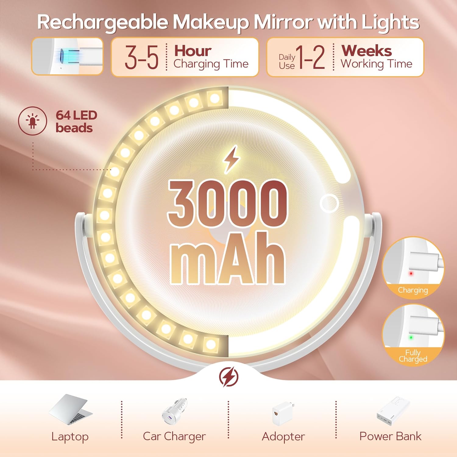 B Beauty Planet - miroir maquillage éclairé 30X - LED, 3 lumières, hauteur réglable
