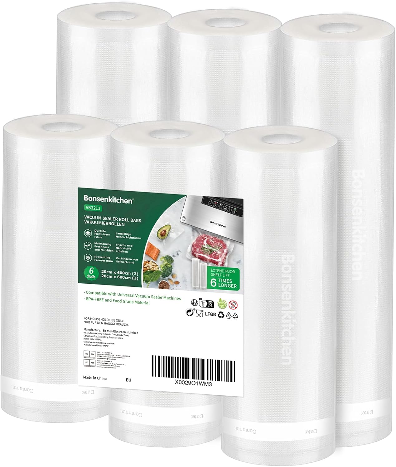 Bonsenkitchen - rouleaux sous vide alimentaire - 28x600cm et 20x600cm - sans BPA, lot de 6 - VB3211