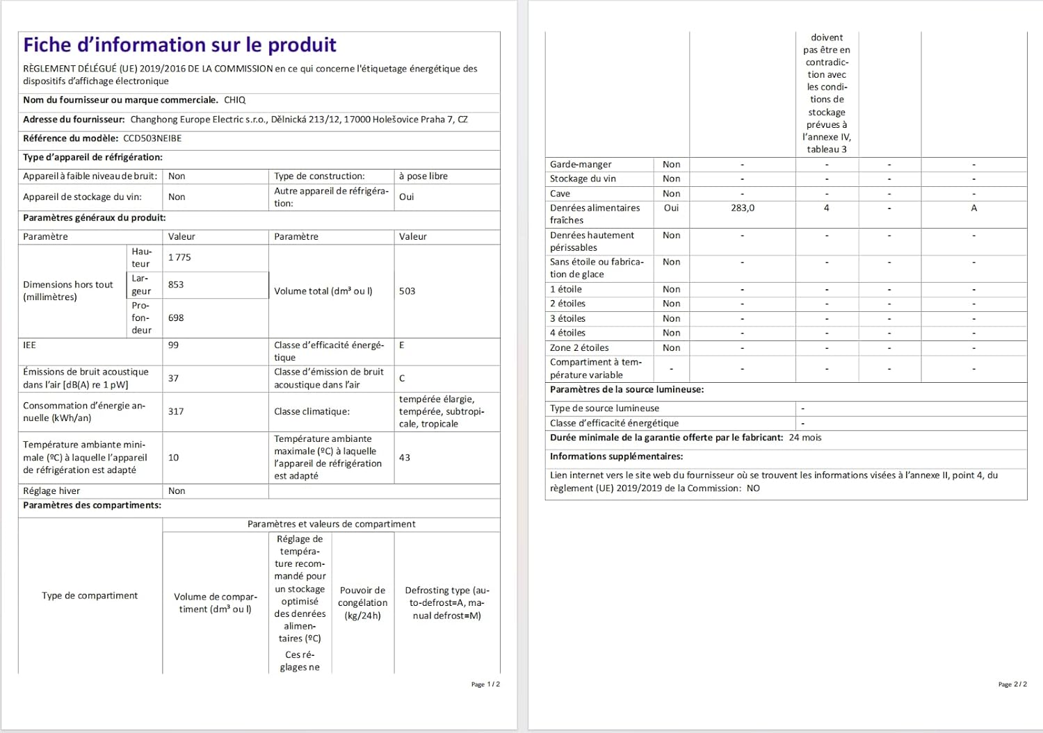 CHIQ - américain multi-portes 503L - Inverter, No Frost, tactile, 177,5x85,3x69,8cm - CCD503NEIBE