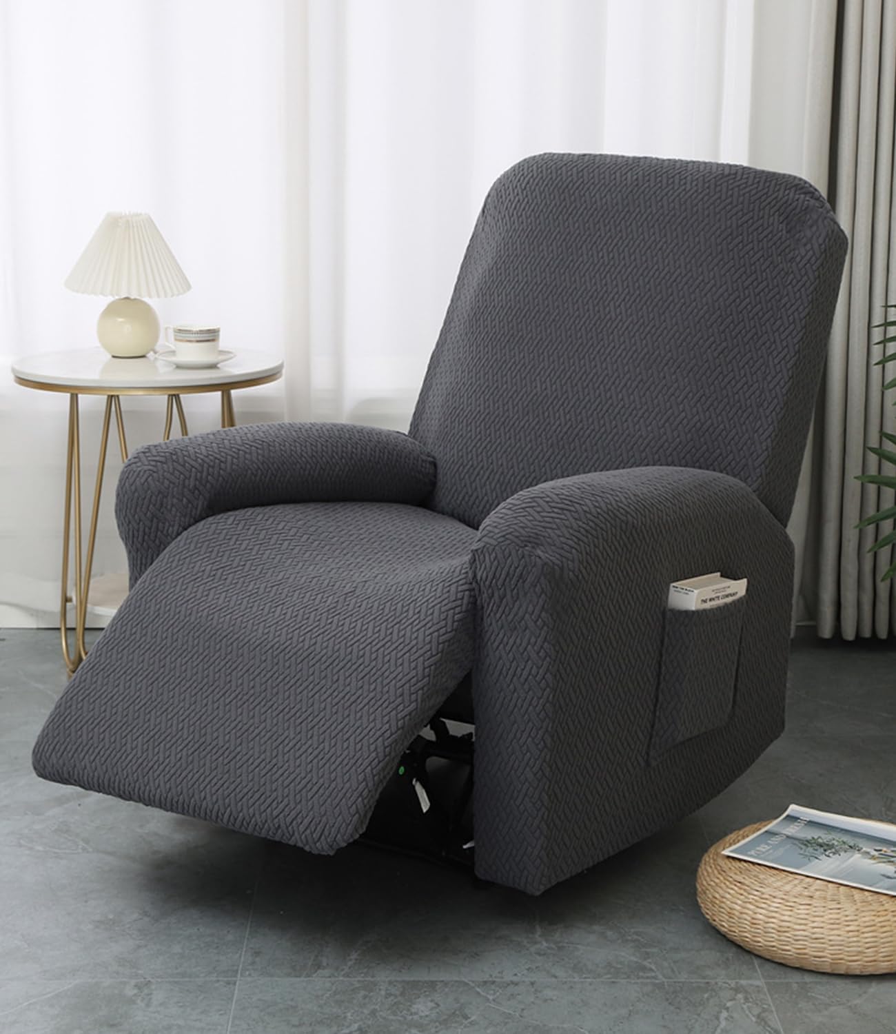 Housse de Fauteuil Relax - jacquard gris clair - extensible 4 pièces avec poches