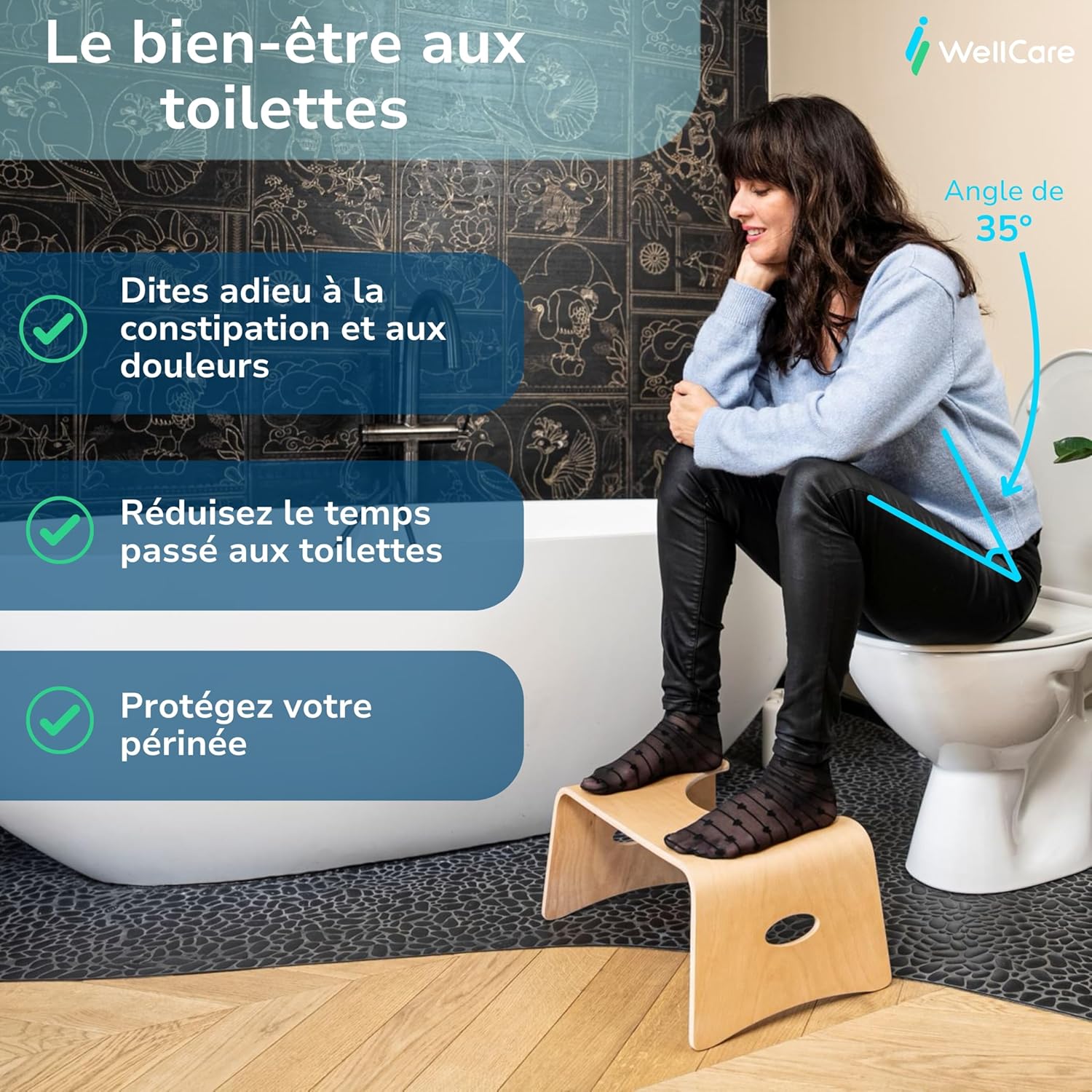 Well Care - Tabouret physiologique bois verni - adulte - compact, anti-constipation, fabriqué France