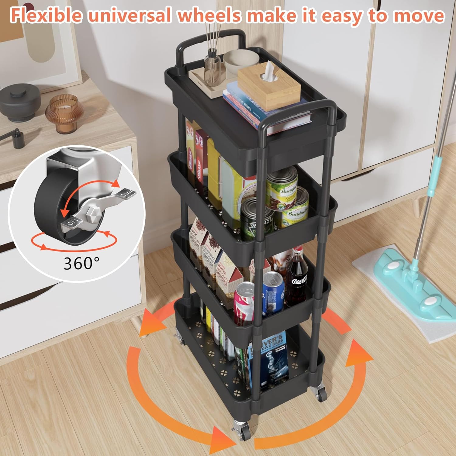 Chariot de rangement - 4 niveaux - plastique, roulettes, tiroir, compact