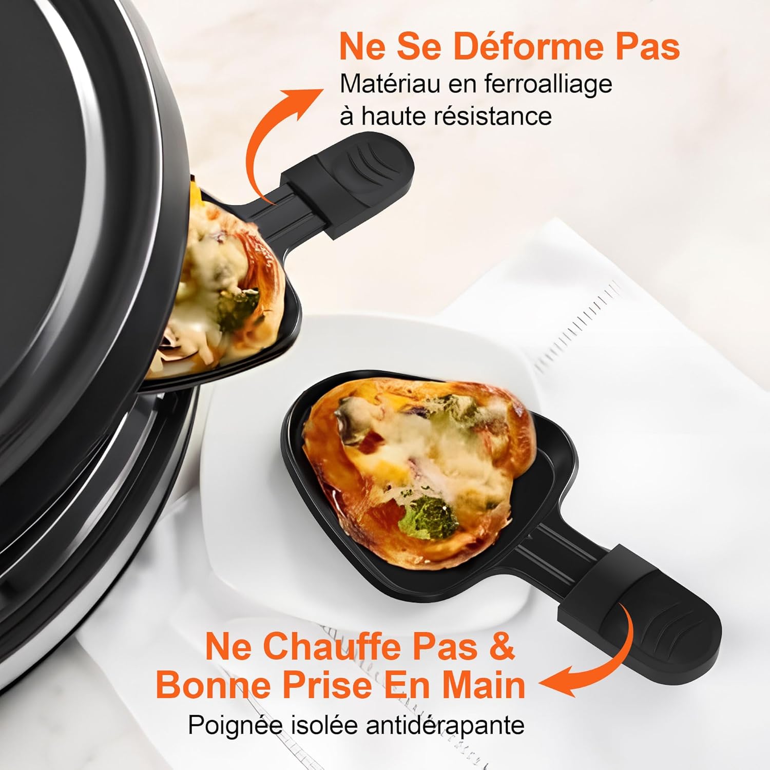 Poêlon raclette triangulaire - 8 coupelles, anti-adhésif, poignées isolantes, spatules nylon, passe au lave-vaisselle