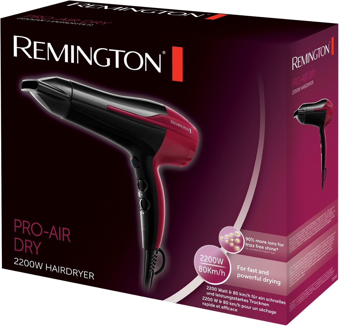 Remington - sèche-cheveux ionique, 2200W, moteur puissant, 3 temp., antistatique - D5950