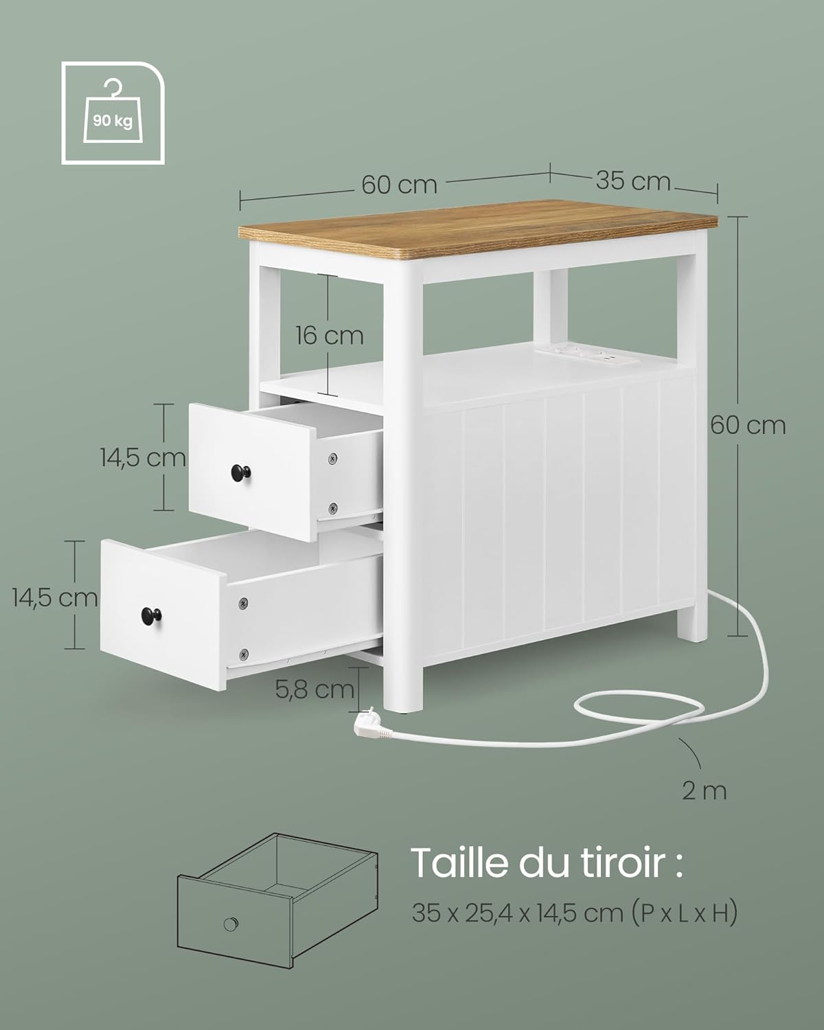 VASAGLE - Table d’appoint série LET - 2 tiroirs, multiprise, rangement compact - LET327W14