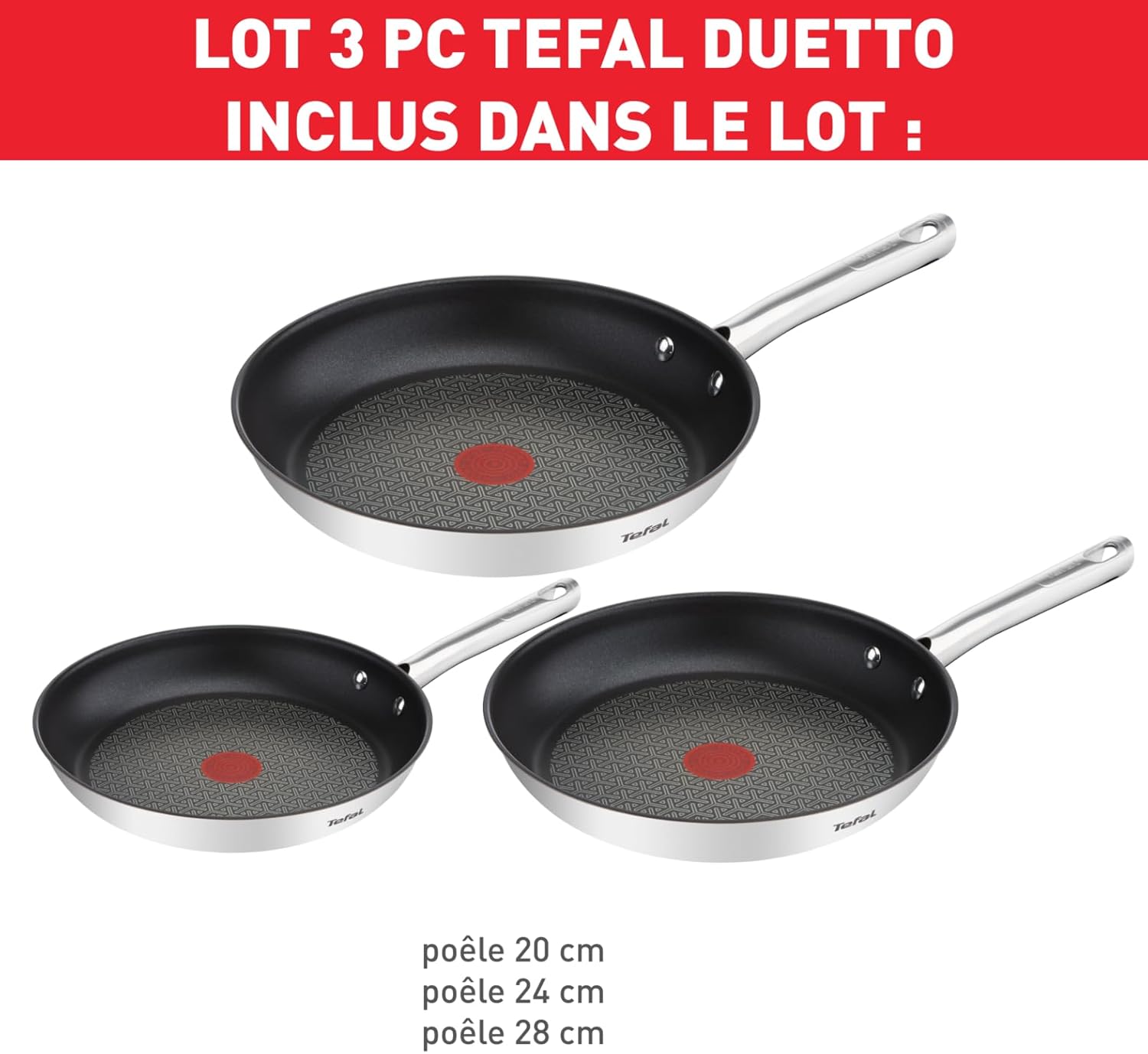 Tefal - Duetto série - 20/24/28 cm - inox, induction, antiadhésif, Thermo-Spot - A704S363