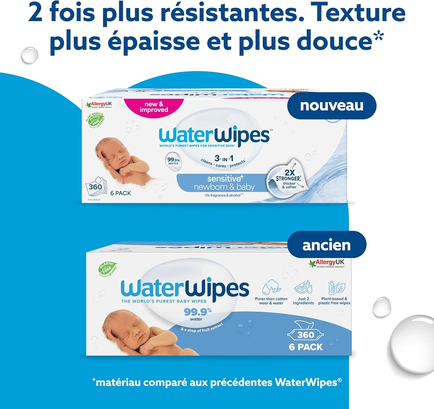 WaterWipes - Sensitive+ - 360 unités - 99,9% eau, non parfumé, 3-en-1